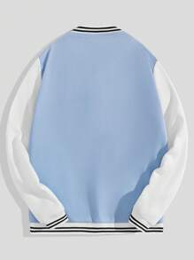 ROMWE MEN Prep Hombres Cazadora de universidad con estampado de letra ribete de rayas de color combinado térmico - Azul y blanco - Ver 2