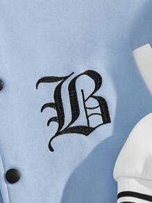 ROMWE MEN Prep Hombres Cazadora de universidad con estampado de letra ribete de rayas de color combinado térmico - Azul y blanco - Ver 3