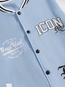 ROMWE MEN Prep Hombres Cazadora de universidad con estampado de letra ribete de rayas de color combinado térmico - Azul y blanco - Ver 4