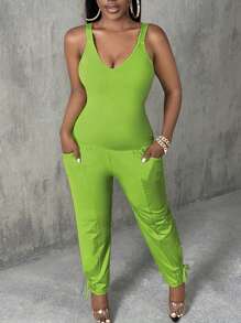 Slaydiva 休閒口袋 繫帶純色女士連體褲 - 青檸色 - 查看 1