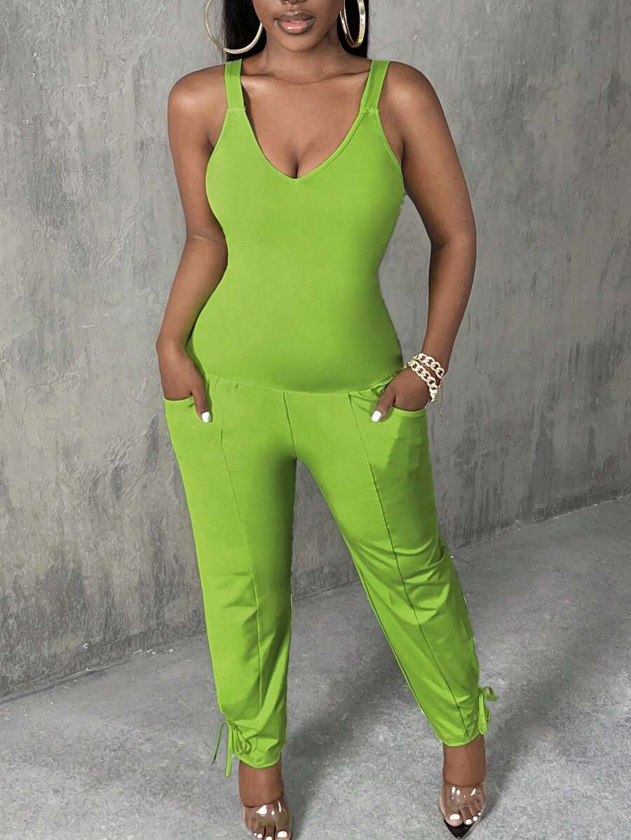 Slaydiva 休閒口袋 繫帶純色女士連體褲 - 青檸色 - 查看 1