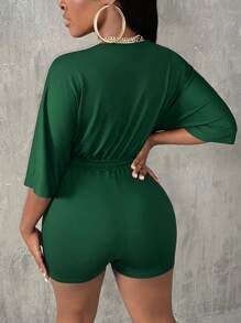 Slaydiva Surplice Neck Batwing Sleeve Drawstring Waist Romper - Green - View 2