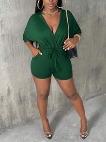 Slaydiva Surplice Neck Batwing Sleeve Drawstring Waist Romper - Green - View 4