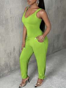 Slaydiva 休閒口袋 繫帶純色女士連體褲 - 青檸色 - 查看 3