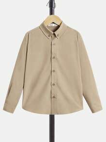 SHEIN Tween Boy Solid Color Single-Breasted Casual Versatile Daily Long Sleeve Shirt - Khaki - View 1