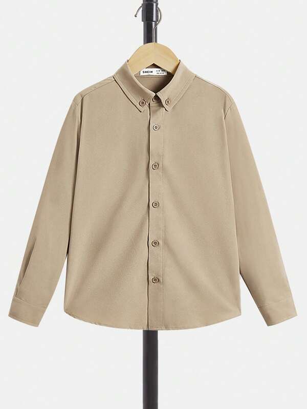 SHEIN Tween Boy 纯色正面纽扣卡其色长袖休闲衬衫
