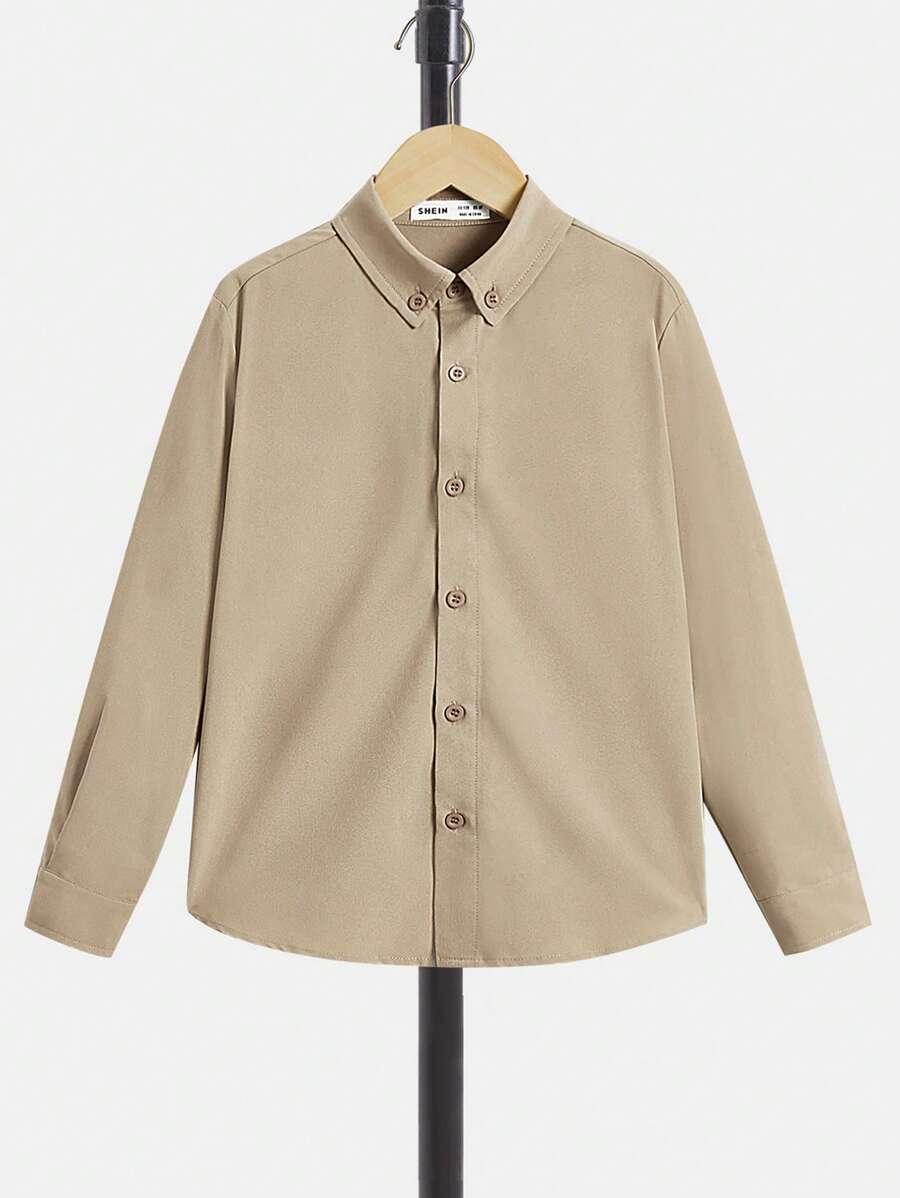 SHEIN Tween Boy Solid Color Single-Breasted Casual Versatile Daily Long Sleeve Shirt - Khaki - View 1