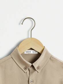 SHEIN Tween Boy Solid Color Single-Breasted Casual Versatile Daily Long Sleeve Shirt - Khaki - View 3