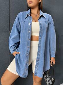 CovetEZ Hơn Thả vai Vá Túi Áo khoác denim - Rửa nhẹ - Xem 1