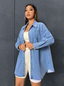 CovetEZ Hơn Thả vai Vá Túi Áo khoác denim - Rửa nhẹ - Xem 3