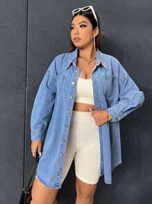 CovetEZ Hơn Thả vai Vá Túi Áo khoác denim - Rửa nhẹ - Xem 5