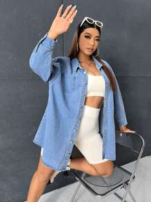 CovetEZ Hơn Thả vai Vá Túi Áo khoác denim - Rửa nhẹ - Xem 6