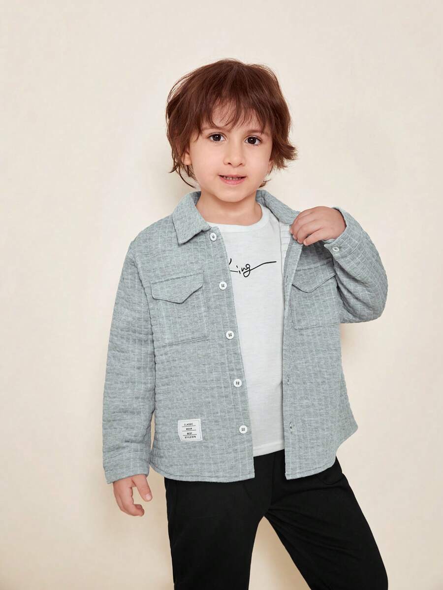 SHEIN 男小童字母補丁細節翻蓋口袋落肩袖襯衫 - 灰色 - 查看 1