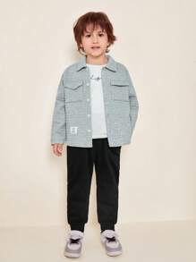 SHEIN 男小童字母補丁細節翻蓋口袋落肩袖襯衫 - 灰色 - 查看 3