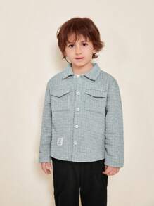 SHEIN 男小童字母補丁細節翻蓋口袋落肩袖襯衫 - 灰色 - 查看 4