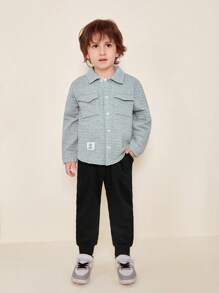 SHEIN 男小童字母補丁細節翻蓋口袋落肩袖襯衫 - 灰色 - 查看 6