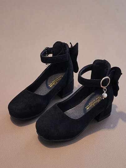 女孩公主新款鞋女孩人造珍珠&蝴蝶結裝飾用品踝帶平底鞋