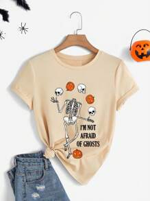 SHEIN LUNE Slogan & Skeleton Print Tee - Apricot - View 1
