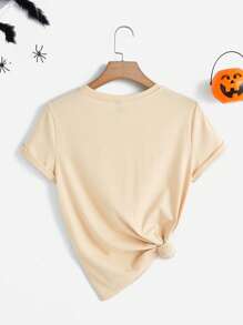 SHEIN LUNE Slogan & Skeleton Print Tee - Apricot - View 2