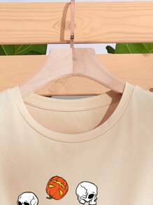 SHEIN LUNE Slogan & Skeleton Print Tee - Apricot - View 3