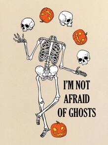 SHEIN LUNE Slogan & Skeleton Print Tee - Apricot - View 4