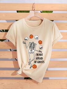 SHEIN LUNE Slogan & Skeleton Print Tee - Apricot - View 5