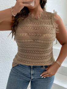 SHEIN LUNE 大碼流蘇邊網眼針織上衣不附胸罩 - 卡其色 - 查看 5