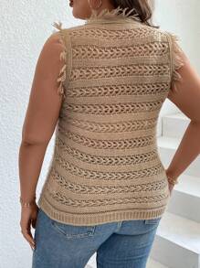 SHEIN LUNE 大碼流蘇邊網眼針織上衣不附胸罩 - 卡其色 - 查看 2