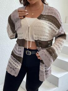 SHEIN LUNE Plus Color Block Drop Shoulder Pointelle Knit Duster Cardigan - Multicolor - View 1