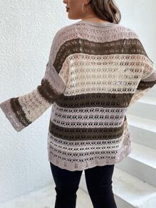 SHEIN LUNE Plus Color Block Drop Shoulder Pointelle Knit Duster Cardigan - Multicolor - View 2