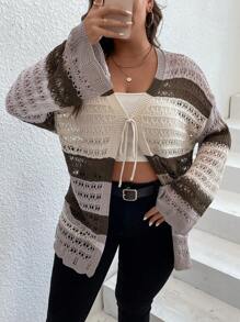 SHEIN LUNE Plus Color Block Drop Shoulder Pointelle Knit Duster Cardigan - Multicolor - View 3