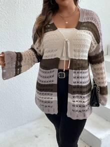 SHEIN LUNE Plus Color Block Drop Shoulder Pointelle Knit Duster Cardigan - Multicolor - View 4