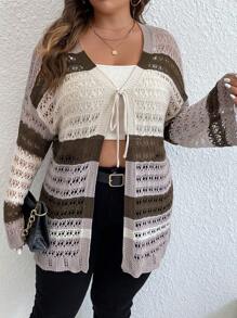 SHEIN LUNE Plus Color Block Drop Shoulder Pointelle Knit Duster Cardigan - Multicolor - View 7