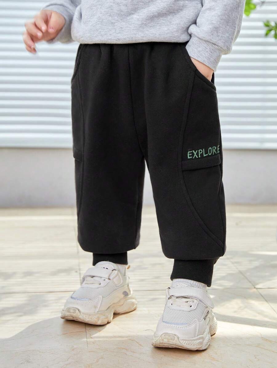 SHEIN 嬰兒彈性腰帶保暖長款長褲帶字母刺繡和側裝飾用品 - 黑色 - 查看 1
