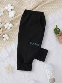 SHEIN 嬰兒彈性腰帶保暖長款長褲帶字母刺繡和側裝飾用品 - 黑色 - 查看 4