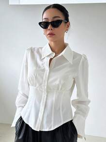 DAZY Solid Button Front Shirt - White - View 1