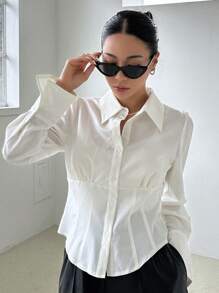 DAZY Solid Button Front Shirt - White - View 3