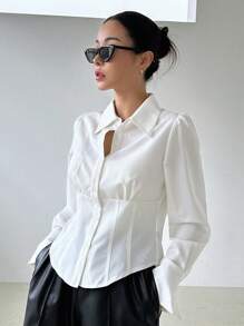 DAZY Solid Button Front Shirt - White - View 4