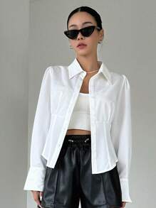 DAZY Solid Button Front Shirt - White - View 5