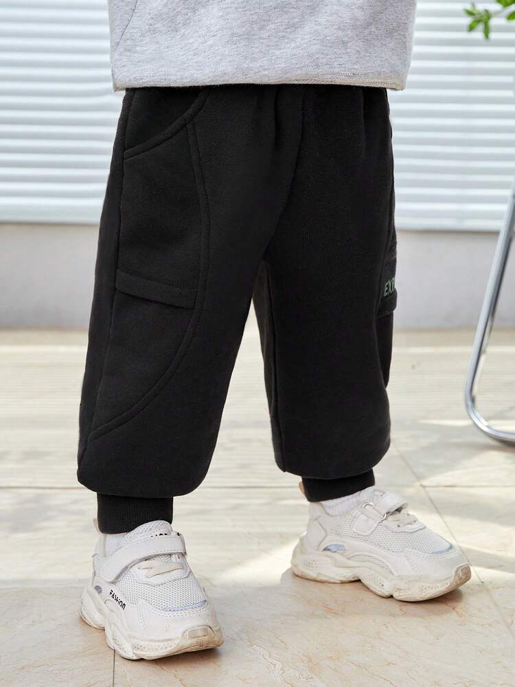 Infant Elastic Waistband Thermal Long Pants With Embroidered Letter And Side Decoration