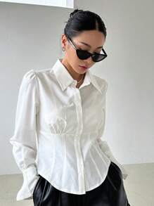 DAZY Solid Button Front Shirt - White - View 7