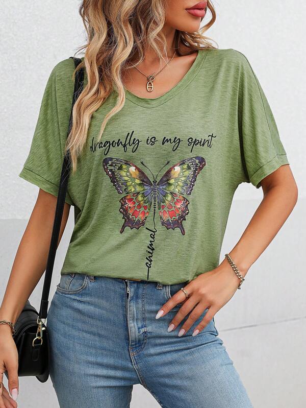 SHEIN LUNE Butterfly & Slogan Graphic Batwing Sleeve Tee