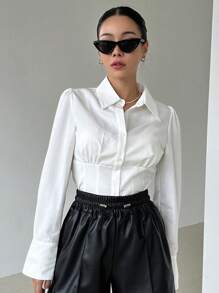 DAZY Solid Button Front Shirt - White - View 8