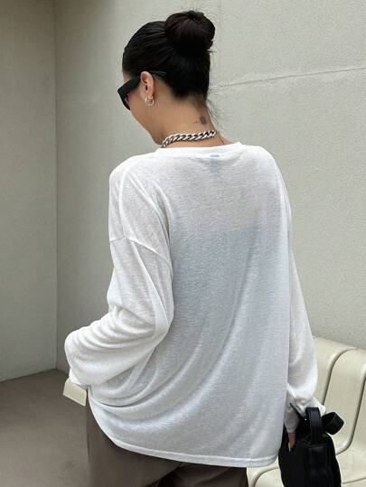 DAZY Solid Drop Shoulder Top,Ladies Casual Drop Shoulder Round Neck Loose White Plain Women Tops,Spring/Fall,Casual Daily Wear