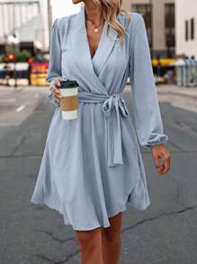 SHEIN LUNE Solid Lantern Sleeve Belted Dress - Blue - View 1