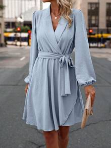 SHEIN LUNE Solid Lantern Sleeve Belted Dress - Blue - View 4