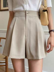 DAZY Quần short ống rộng xếp ly cạp cao, quần áo mùa thu - Màu Khaki - Xem 3