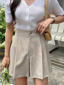 DAZY Quần short ống rộng xếp ly cạp cao, quần áo mùa thu - Màu Khaki - Xem 5