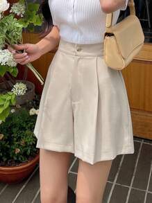 DAZY Quần short ống rộng xếp ly cạp cao, quần áo mùa thu - Màu Khaki - Xem 7