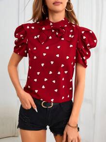 SHEIN Privé In Trái tim Nơ mặt trước Ống tay áo Áo sơ mi - Đỏ và trắng - Xem 1